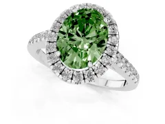 Fancy Green Oval Cut Diamond Halo Pavé Engagement Ring Set in Platinum with Prong Setting