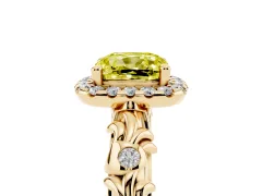 Fancy Yellow Cushion Cut Diamond Halo Ring Set in Yellow gold with Filigree Leaf Band and Prong Setting