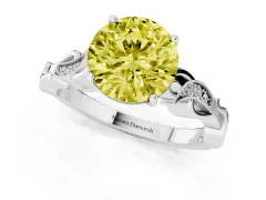 Fancy Yellow Round Cut Diamond Vine Band Solitaire Ring Set in Platinum with Milgrain Prong Setting