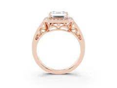 Asscher Cut Diamond Halo Ring Set in Rose gold with Pavé and Bezel Accent Split Shank