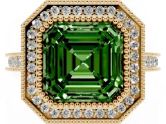 Fancy Green Asscher Cut Diamond Halo Milgrain Pavé Band Ring Set in Yellow gold with Prong Setting