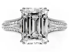 Emerald Cut Diamond Split Shank Pavé Engagement Ring Set in White gold with Prong-Set Center Stone