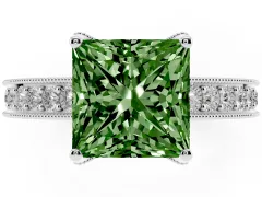 Fancy Green Princess Cut Diamond Solitaire Ring Set in White gold with Milgrain-Edged Pavé Band and Prong Setting