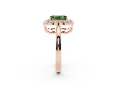 Fancy Green Emerald Cut Diamond Halo Cluster Engagement Ring Set in Rose gold with Solitaire Band and Prong Setting