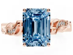 Fancy Blue Emerald Cut Diamond Vine Band Solitaire Ring Set in Rose gold with Milgrain Prong Setting