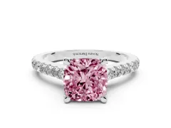 Fancy Pink Cushion Cut Diamond Solitaire Ring Set in White gold with Brilliant Pavé Band and Prong Setting