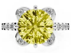 Fancy Yellow Round Cut Diamond Solitaire Ring Set in White gold with Pavé Band and Floral Prong Setting