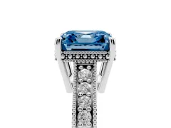 Fancy Blue Asscher Cut Diamond Solitaire Pavé Milgrain Engagement Ring Set in Silver with Prong Setting