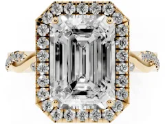 Emerald Cut Diamond Halo Twist Band Solitaire Ring Set in Yellow gold with Prong Setting