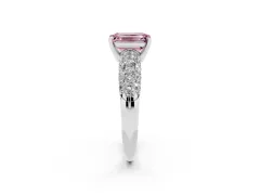 Fancy Pink Emerald Cut Diamond Pavé Band Solitaire Ring Set in White gold with Close-Set Accent Stones and Prong Setting