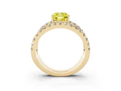 Fancy Yellow Cushion Cut Diamond Split Shank Pavé Solitaire Ring Set in Yellow gold with Open Shank Design