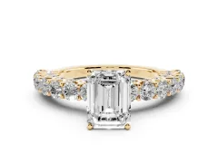 Emerald Cut Diamond Solitaire Ring Set in Yellow gold with Shared Prong Pavé Band