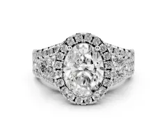 Oval Cut Diamond Halo Split Shank Ring Set in Silver with Round Accent Stones and Prong Setting