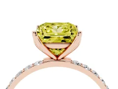 Fancy Yellow Princess Cut Diamond Solitaire Engagement Ring Set in Rose gold with Round Pavé Band and Prong Setting