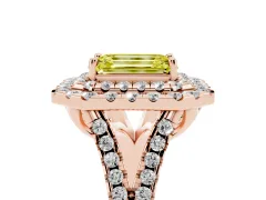 Fancy Yellow Emerald Cut Diamond Double Halo Ring Set in Rose gold with Pavé Split Shank and Prong Setting