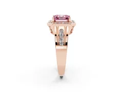 Fancy Pink Asscher Cut Diamond Halo Ring Set in Rose gold with Pavé and Bezel Accent Split Shank