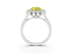 Fancy Yellow Round Cut Diamond Cluster Halo Ring Set in White gold with Milgrain Bezel Accents and Plain Band