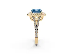 Fancy Blue Asscher Cut Diamond Double Halo Ring Set in Yellow gold with Pavé Band
