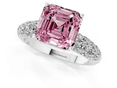 Fancy Pink Asscher Cut Diamond Pavé Band Solitaire Ring Set in White gold with Close-Set Accent Stones and Prong Setting