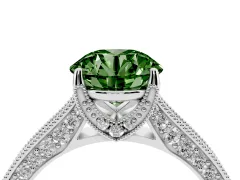 Fancy Green Round Cut Diamond Solitaire Ring Set in Platinum with Milgrain-Edged Pavé Band and Prong Setting