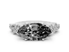 Fancy Black Marquise Cut Diamond Ring Set in White gold with Scattered Round Accents