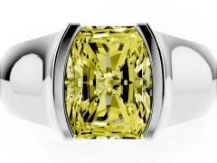 Fancy Yellow Radiant Cut Diamond Bezel Solitaire Ring Set in Platinum with Wide Band