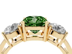 Fancy Green Cushion Cut Diamond Three-Stone Ring Set in Yellow gold with Round Side Stones and Classic Band