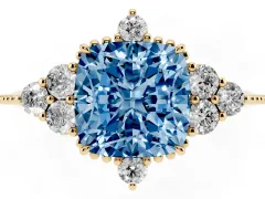 Fancy Blue Cushion Cut Diamond Cluster Ring Set in Yellow gold with Beaded Band