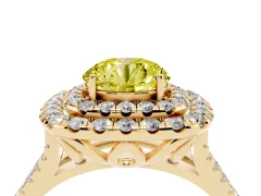 Fancy Yellow Round Cut Diamond Double Halo Ring Set in Yellow gold with Pavé Split Shank and Prong Setting