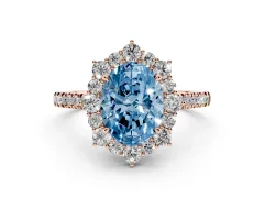 Fancy Blue Oval Cut Diamond Halo Ring Set in Rose gold with Pavé Band and Prong Setting