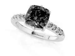 Fancy Black Cushion Cut Diamond Solitaire Engagement Ring Set in Platinum with Pavé Band and Prong Setting