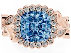Fancy Blue Cushion Cut Diamond Halo Ring Set in Rose gold with Leaf Motif Split Shank and Prong Setting