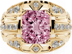 Fancy Pink Radiant Cut Diamond Art Deco Ring Set in Yellow gold with Pavé Split Shank