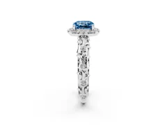 Fancy Blue Cushion Cut Diamond Halo Ring Set in White gold with Filigree Leaf Band and Prong Setting