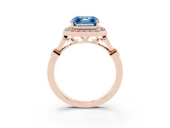 Fancy Blue Asscher Cut Diamond Halo Engagement Ring Set in Rose gold with Twisted Band and Prong Setting