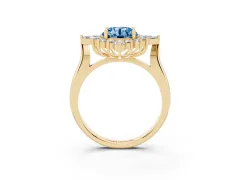 Fancy Blue Round Cut Diamond Cluster Halo Ring Set in Yellow gold with Marquise and Round Accents