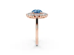 Fancy Blue Round Cut Diamond Floral Double Halo Ring Set in Rose gold with Round Petals
