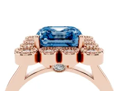 Fancy Blue Asscher Cut Diamond Cluster Halo Ring Set in Rose gold with Milgrain Bezel Accents and Plain Band