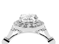 Oval Cut Diamond Halo Engagement Ring Set in White gold with Twisted Band and Prong Setting