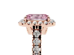 Fancy Pink Emerald Cut Diamond Halo Engagement Ring Set in Rose gold with Pavé Band and Prong-Set Center