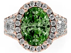 Fancy Green Oval Cut Diamond Halo Split Shank Ring Set in Rose gold with Round Accent Stones and Prong Setting