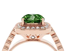 Fancy Green Cushion Cut Diamond Milgrain Halo Solitaire Ring Set in Rose gold with Bezel Set Side Stones and Pavé Band