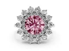 Fancy Pink Round Cut Diamond Floral Double Halo Ring Set in Platinum with Round Petals