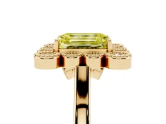 Fancy Yellow Emerald Cut Diamond Cluster Halo Ring Set in Yellow gold with Milgrain Bezel Accents and Plain Band