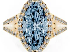 Fancy Blue Marquise Cut Diamond Halo Split Shank Pavé Ring Set in Yellow gold with Prong Setting