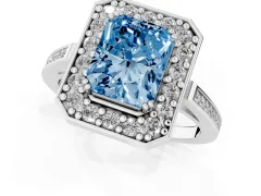 Fancy Blue Radiant Cut Diamond Halo Ring Set in Platinum with Accent-Lined Split Shank and Prong Setting