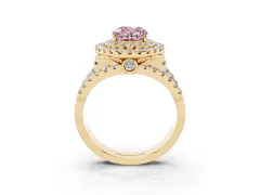 Fancy Pink Oval Cut Diamond Double Halo Ring Set in Yellow gold with Round Pavé Split Shank
