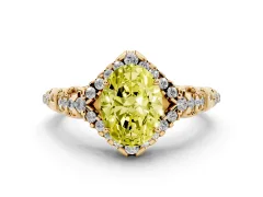 Fancy Yellow Oval Cut Diamond Solitaire Ring Set in Yellow gold with Hidden Halo and Pavé Band