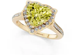 Fancy Yellow Heart Cut Diamond Halo Ring Set in Yellow gold with Pavé-Lined Shoulders and Prong Setting