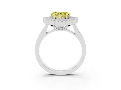 Fancy Yellow Heart Cut Diamond Cluster Halo Ring Set in White gold with Milgrain Bezel Accents and Plain Band